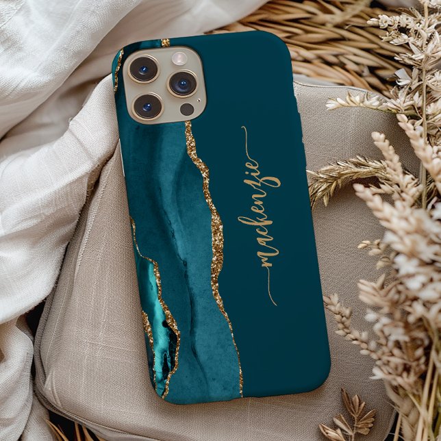 Personalised Signature Teal Blue Gold Agate Case-Mate iPhone Case (Creator Uploaded)