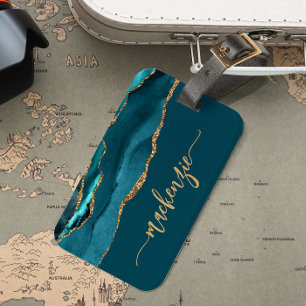 Personalised Signature Teal Blue Gold Agate Luggage Tag