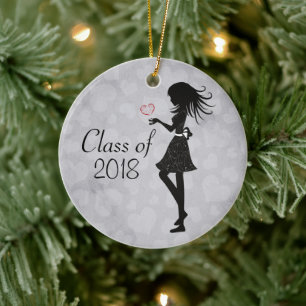 Personalised Silhouette Girl and Hearts Graduation Ceramic Tree Decoration