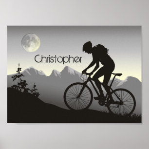 Personalised Silhouette Mountain Biker and Moon Poster