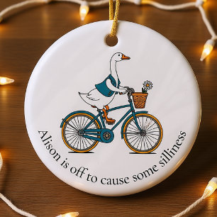 Personalised Silly Goose on a Bike Ceramic Tree Decoration