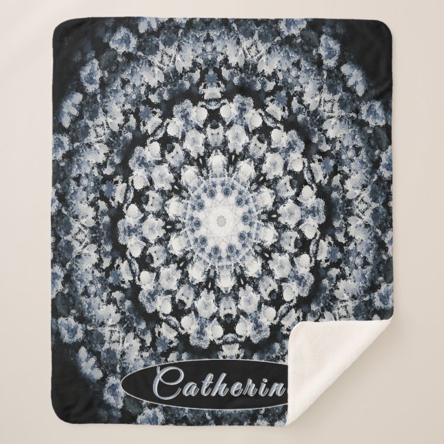 Personalised Silver and Black Floral Glass Mandala Sherpa Blanket (Front)