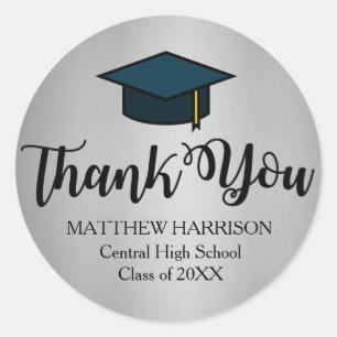 Personalised Silver and Black Thank You Graduation Classic Round Sticker