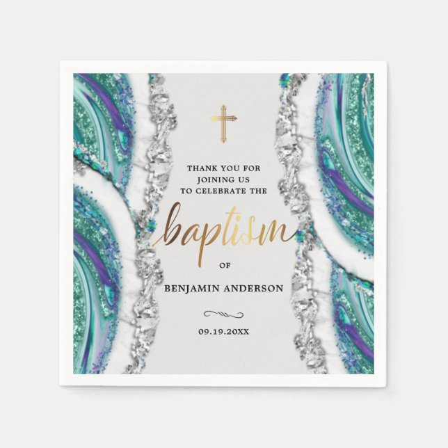 Personalised Silver and Blue Mineral Stone Baptism Napkin (Front)