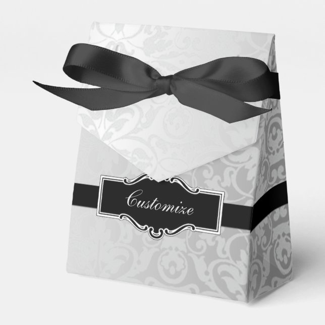 Personalised Silver & Black Damask Favour Box (Front Side)