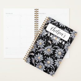 Personalised Silver Daisies on Black Planner