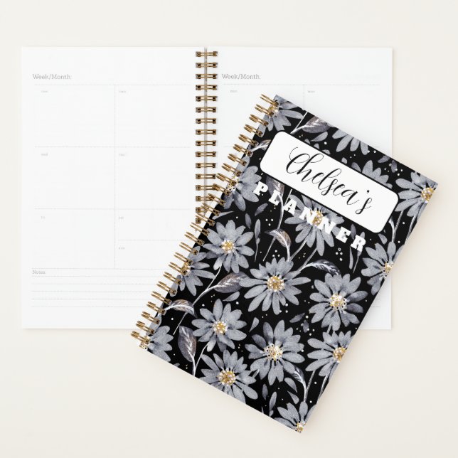 Personalised Silver Daisies on Black Planner (Display)