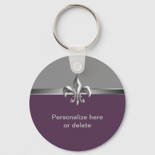 Personalised Silver Eggplant Fleur de Lis Key Ring