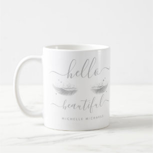Personalised Silver Eyelashes "Hello Beautiful" Coffee Mug