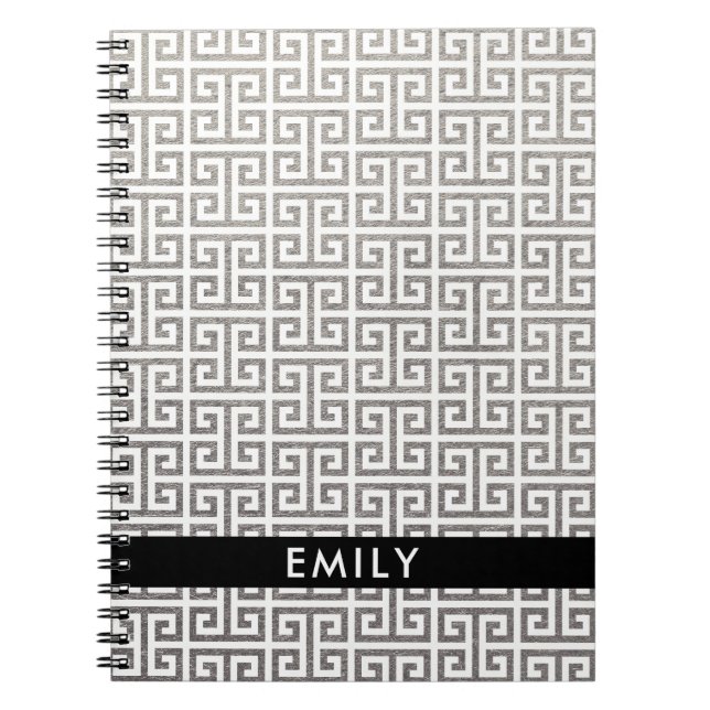 Personalised Silver Foil and White Greek Key Notebook (Front)