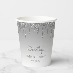 Personalised Silver Glitter 90th Birthday Party Paper Cups