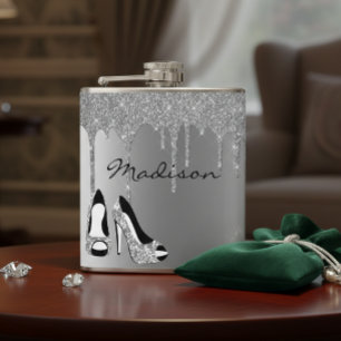 Personalised Silver Glitter Drips Heels Shoes Hip Flask