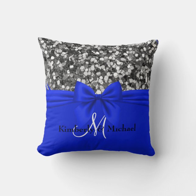 Personalised Silver Glitter Elegant Blue Bow   Cushion (Front)
