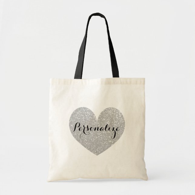 Personalised silver glitter heart design tote bag (Front)