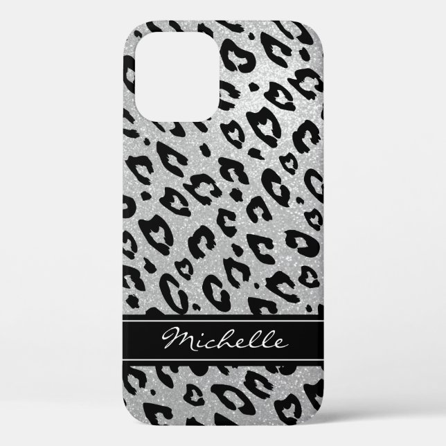Personalised silver glitter leopard iPhone 12 case (Back)