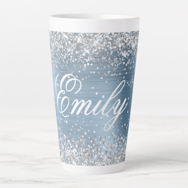 Personalised Silver Glitter Light Blue Foil Latte Mug (Front)