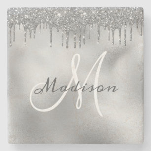 Personalised Silver Glitter Monogram Custom Stone Coaster