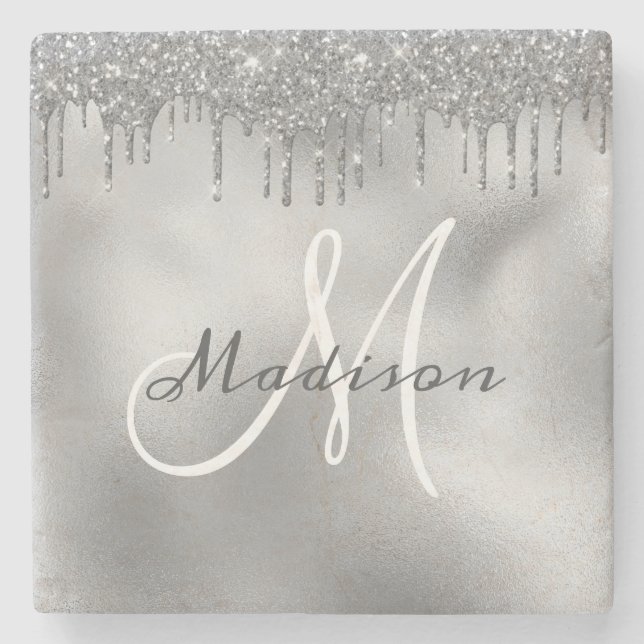 Personalised Silver Glitter Monogram Custom Stone Coaster (Front)