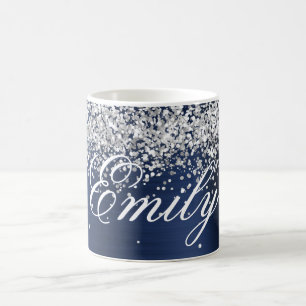 Personalised Silver Glitter Navy Blue Foil Coffee Mug