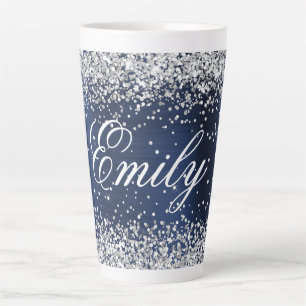 Personalised Silver Glitter Navy Blue Foil Latte Mug