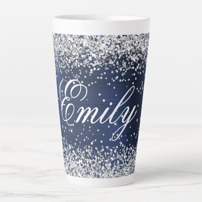 Personalised Silver Glitter Navy Blue Foil Latte Mug (Front)