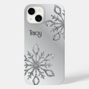 Personalised Silver Glitter Snowflakes on Silver  Case-Mate iPhone 14 Case