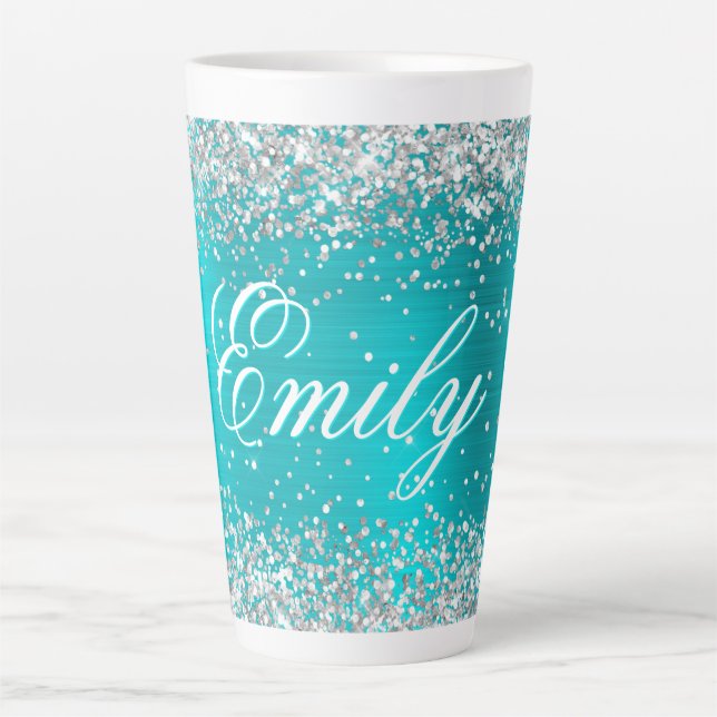 Personalised Silver Glitter Turquoise Blue Foil Latte Mug (Front)