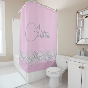 Personalised Silver Glittery  Edging  on Pink Shower Curtain