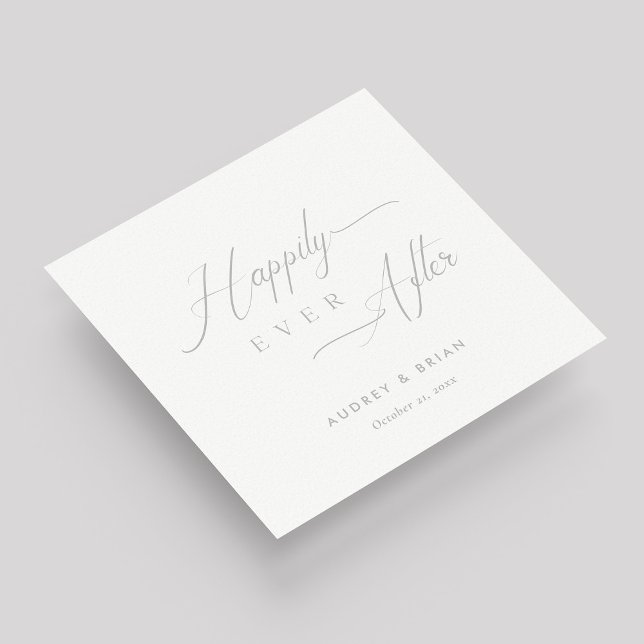 Personalised Silver 'Happily Ever After' Wedding Napkin (Silver on White "Happily Ever After" Wedding Napkins)