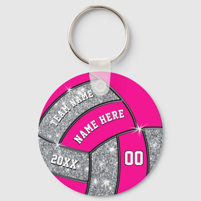 Personalised Silver, Pink, White Volleyball Favour Key Ring (Front)
