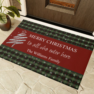 Personalised Silver Tree & Check Christmas Doormat
