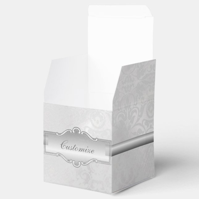 Personalised Silvery White Damask Cube Favour Box (Opened)
