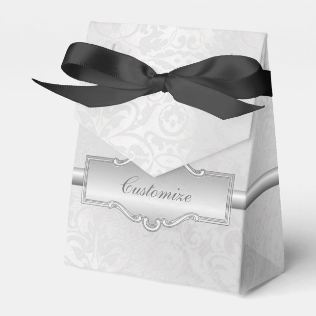 Personalised Silvery White Damask Tent Favour Box (Front Side)