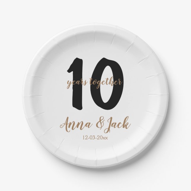 personalised simple 10 years anniversary name date paper plate (Front)