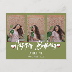 Personalised Simple Birthday Stylish Three Photo Postcard