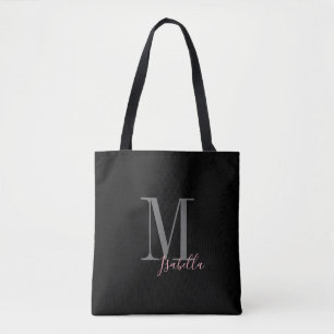 Personalised simple black pink name and monogram tote bag