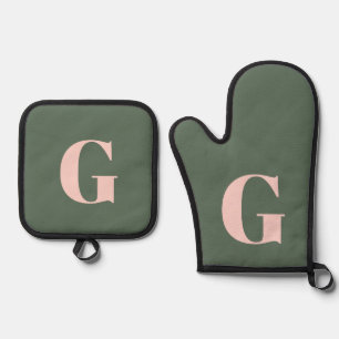 Personalised Simple Bold Monogram Pink and Green Oven Mitt & Pot Holder Set