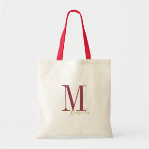 Personalised simple burgundy name and monogram tote bag