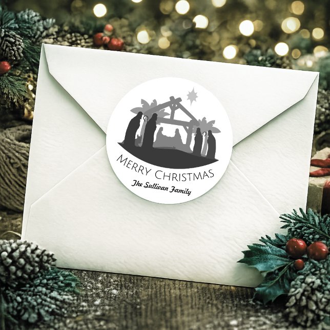 Personalised Simple Christmas Nativity Classic Round Sticker (Creator Uploaded)