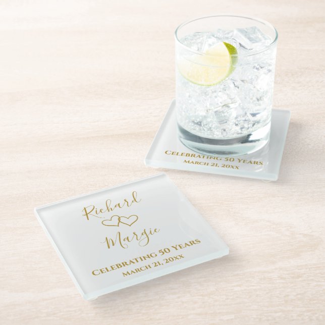 Personalised Simple Elegant 50th Anniversary Gift Glass Coaster (Angled)