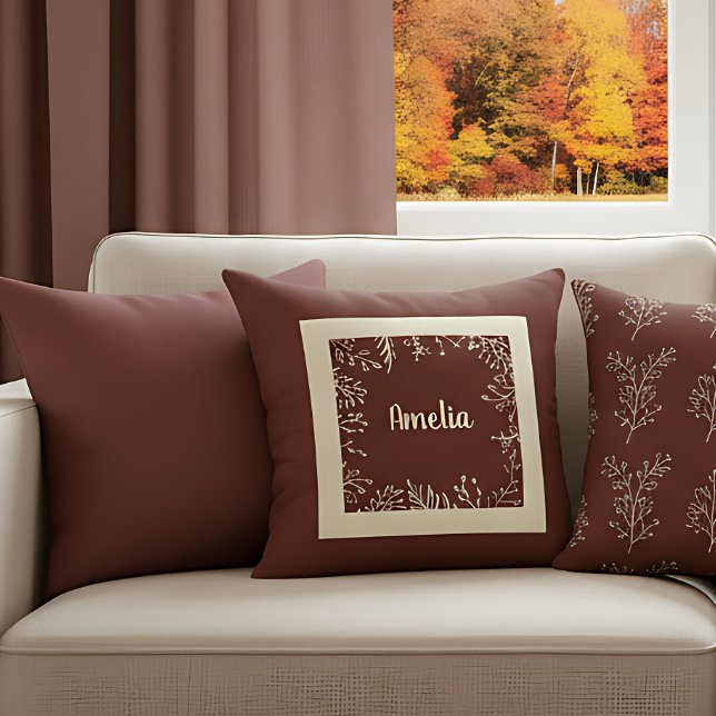 Personalised Simple Farmhouse Fall Leaves Cushion (Cozy autumn pillow for warm nights. Rustic fall farmhouse style.)