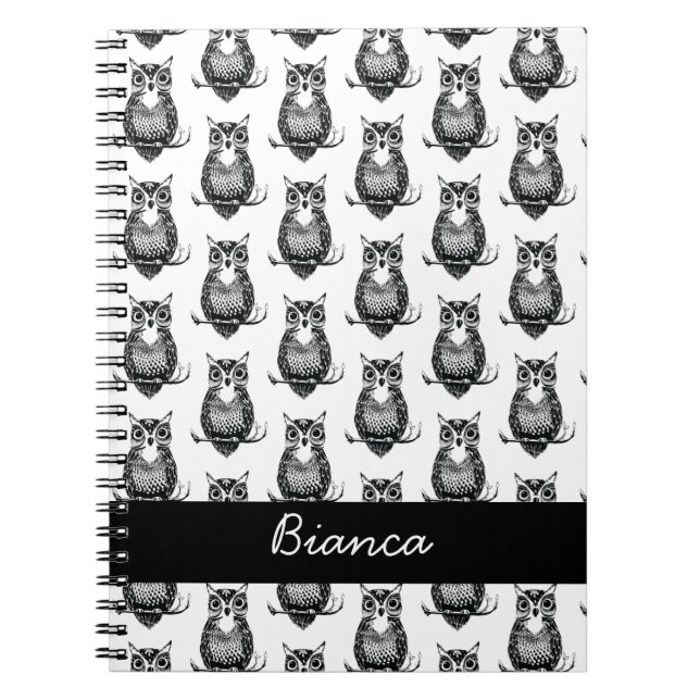 Personalised Simple Illustrated Owl Pattern Notebook (Front)