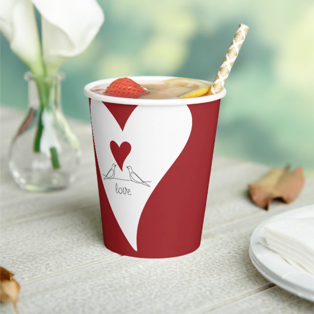 Personalised Simple Modern Birds in Love Red Heart Paper Cups (Insitu)