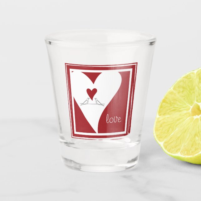 Personalised Simple Modern Love Birds Red Heart Shot Glass (Front)