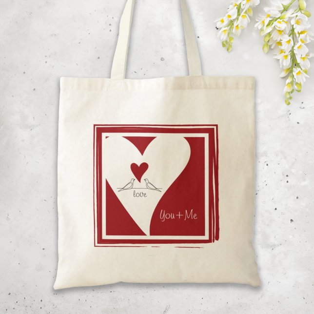 Personalised Simple Modern Love Birds Red Heart Tote Bag (Creator Uploaded)