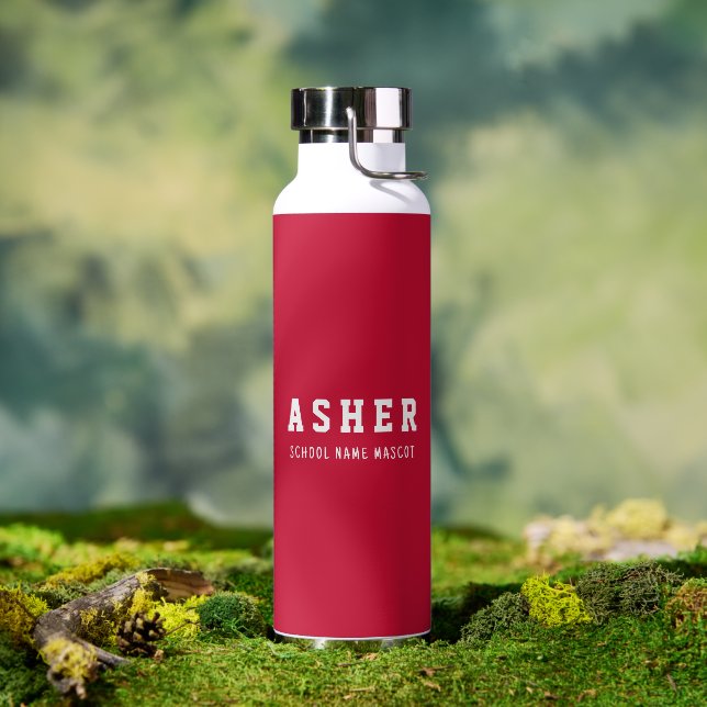 Personalised Simple Modern Red School Name Mascot Water Bottle (Outdoor)