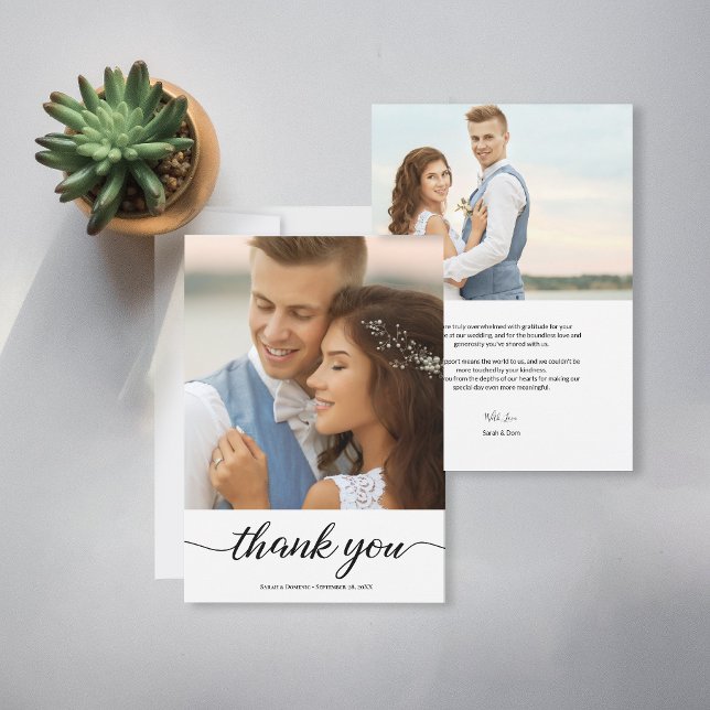 Personalised Simple Modern Wedding 2 Photos Thank You Card (Simple, Chic, elegant script two wedding photo featured customizable wedding thank you cards.)
