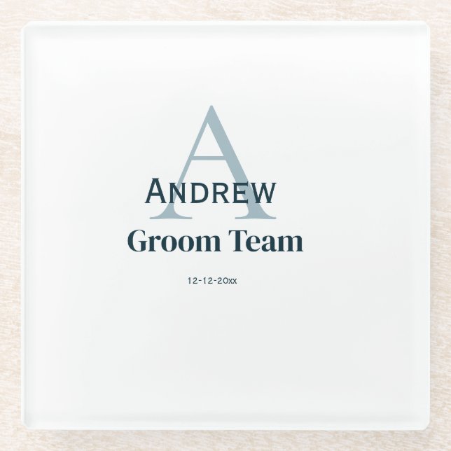 personalised simple monogram groom team groomsmen  glass coaster (Front)