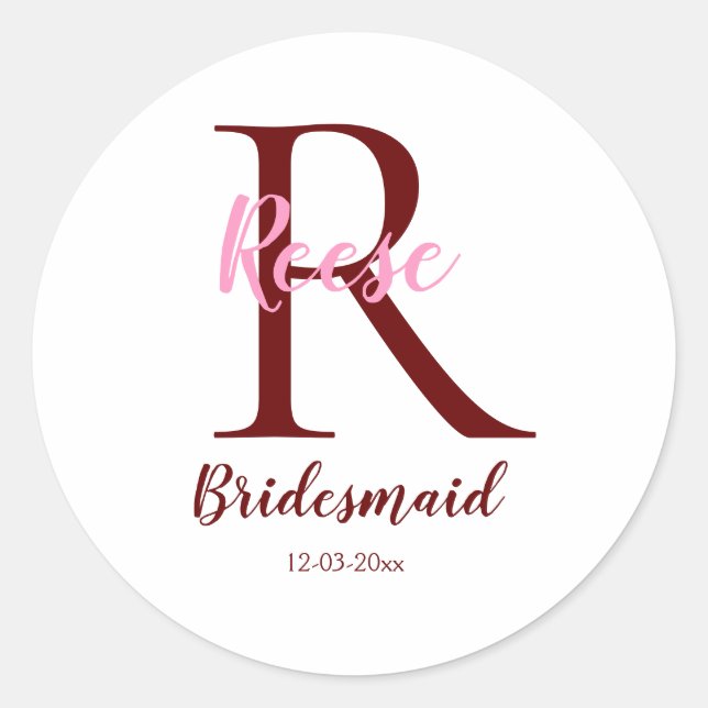 personalised simple monogram name bridesmaid date classic round sticker (Front)