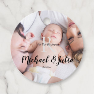 personalised simple monogram name first christmas favour tags